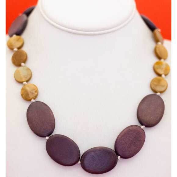 34 inch, Vintage Plastic & Wooden Oval Beaded Necklace - F51 - Picture 2 of 2